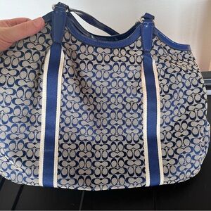 Coach Signature Stripe Navy Blue Devin Shoulder Bag Jacquard 6cm F28624